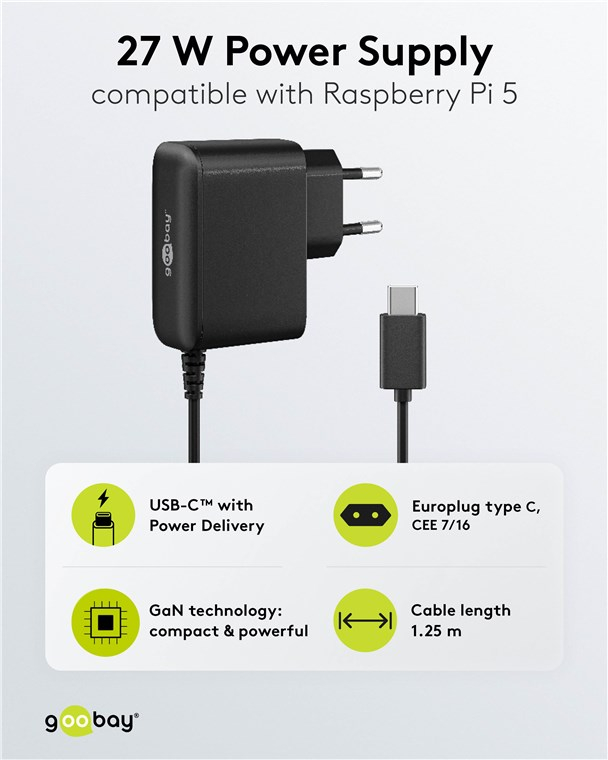 (27W) Raspberry Pi 5 USB C Ladegerät Netzteil inkl. USB C Ladekabel (74437) - Schwarz
