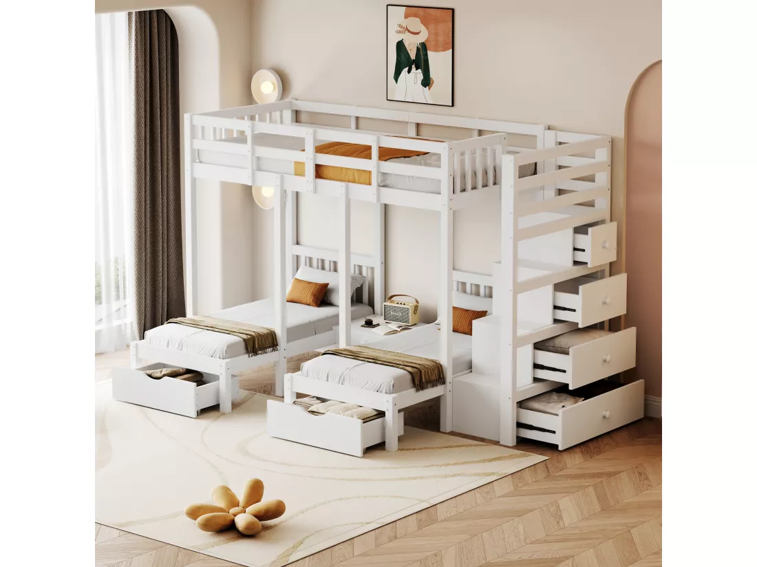 Lits superposés triples 90 x 200 cm + 2 x 70 x 140 cm avec 5 tiroirs, table de chevet et escalier - Bois massif et MDF - Blanc