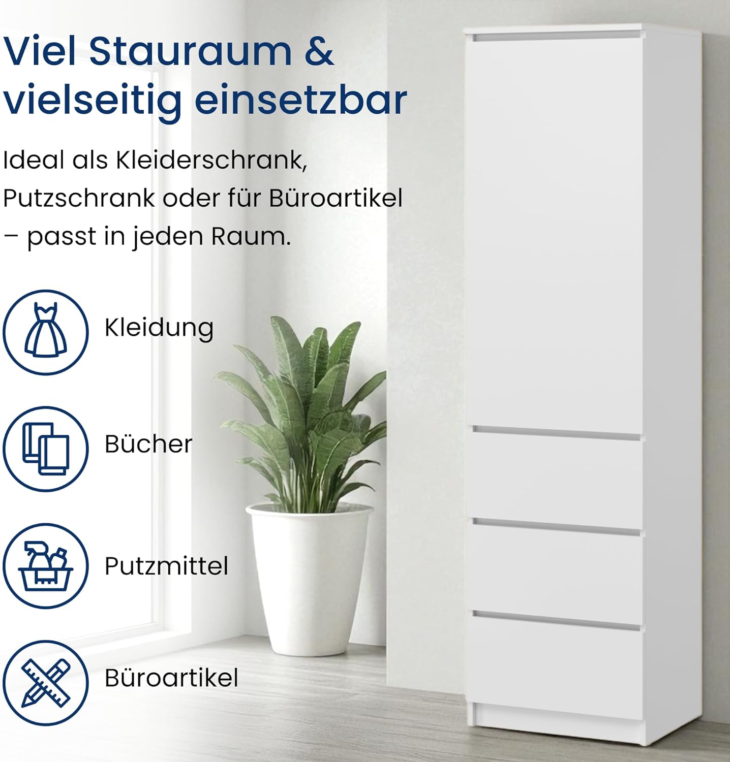 Home Collective Kleiderschrank, Garderobenschrank, Mehrzweckschrank mit 3 Einlegeböden & 3 Schubladen | Funktionaler Schrank für Schlafzimmer, Flur oder Arbeitszimmer | 50x40x180 cm (BxTxH) | Weiß