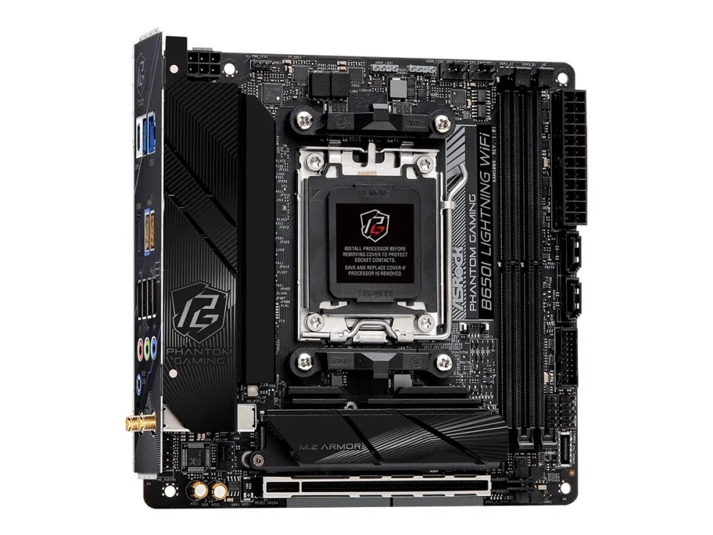 ASRock Phantom Gaming B650I Lightning WiFi - Bundkort - mini ITX - Socket AM5 - AMD B650 Chipset - USB-C 3.2 Gen2, USB-C 3.2 Gen 1, USB 3.2 Gen 2, USB 3.2 Gen 1 - 2.5 Gigabit LAN, Wi-Fi 6E, Bluetooth - onboard grafik (CPU påkrævet) - HD Audio (8-kana