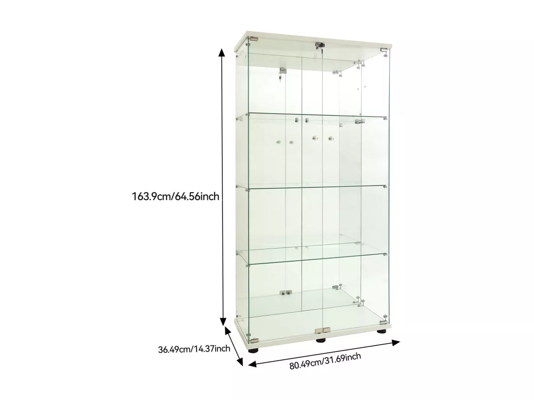 Vitrine en verre 163.9 x 36.49 x 80.49 cm,avec étagères et éclairage LED, armoire de curiosités à double porte
