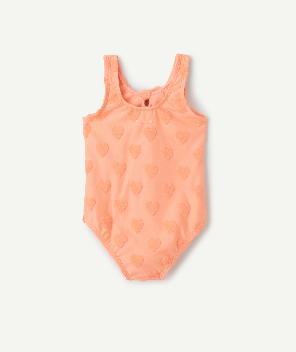 maillot de bain 1 pièce bébé fille en fibres recyclées orange fluo imprimé coeur