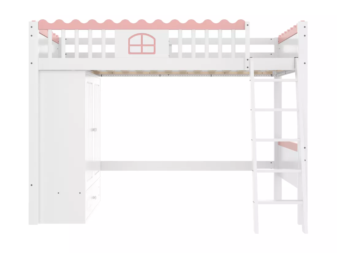 Lit mezzanine simple 90 x 200 cm - Lit enfant - Avec éclairage LED - Avec penderie - Avec tiroir de rangement - Blanc (sans matelas)