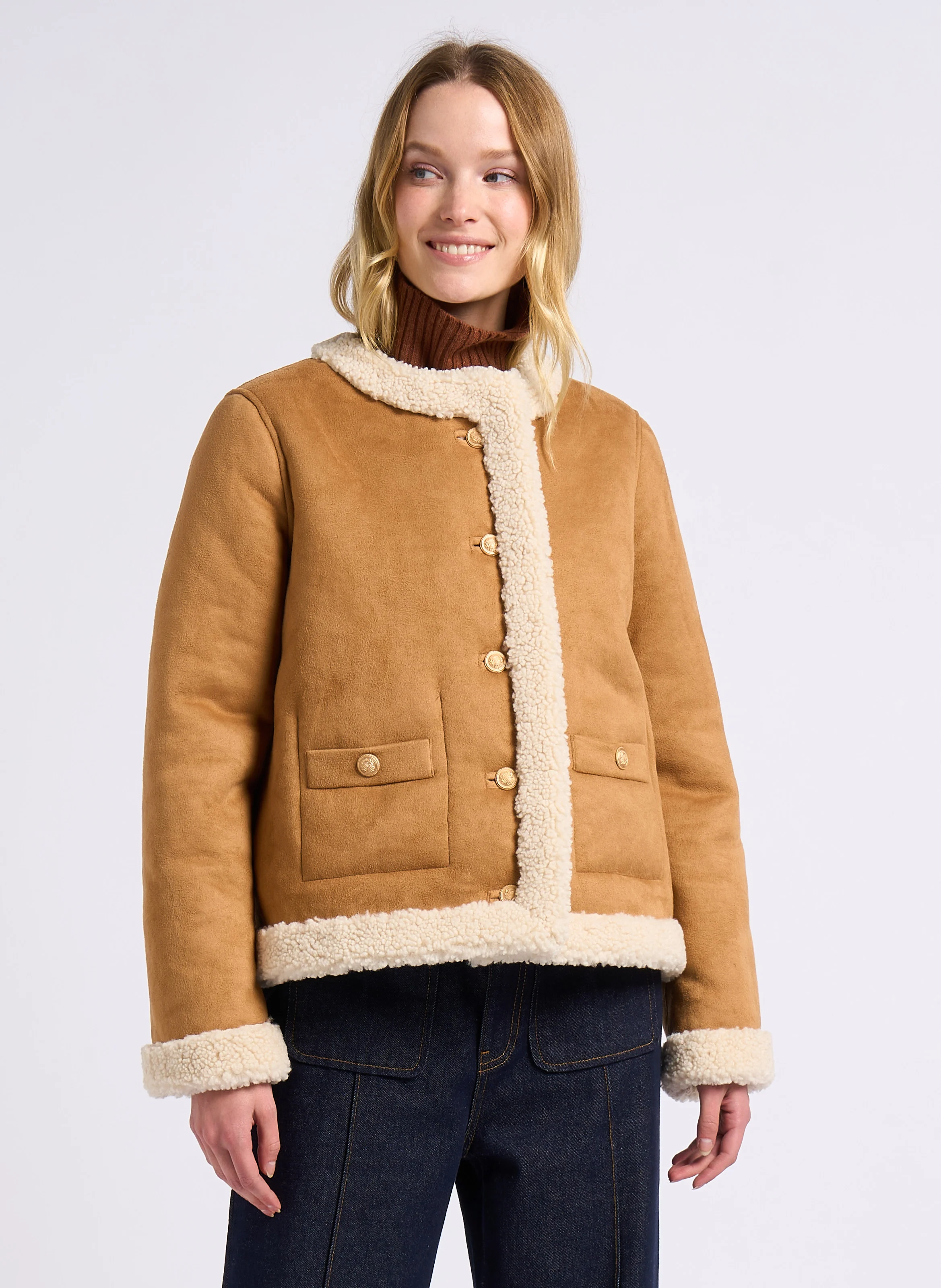 EDUNA - Veste col rond en sherpa | Marron