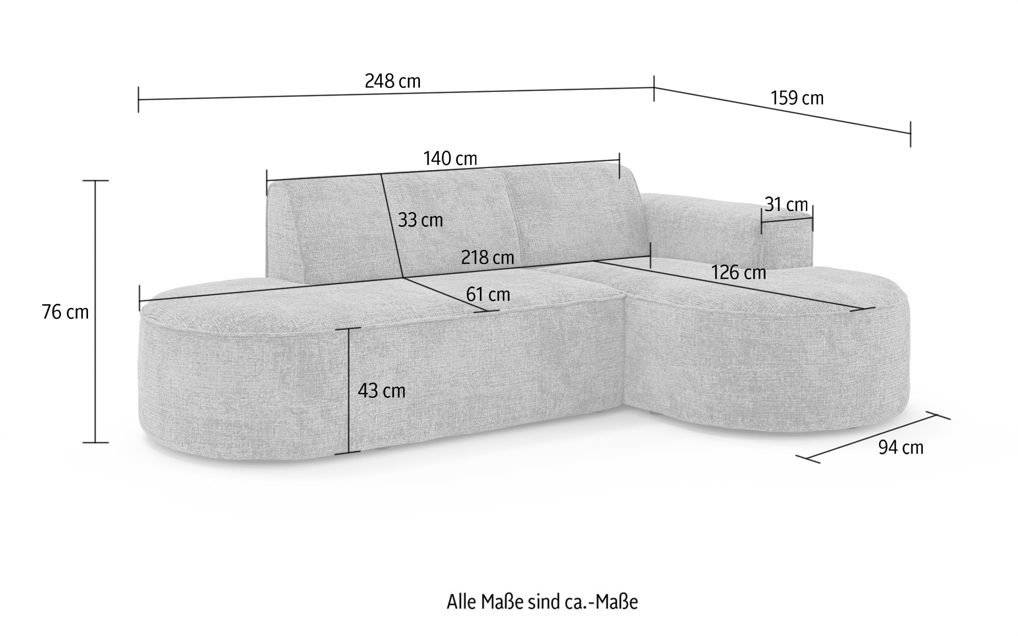 GOODproduct Ecksofa »ADELLA Design-Sofa mit Recamiere rechts/links, 248/159/76 cm« L-Form mit Wellenunterfederung, runde Form, auch in Cord