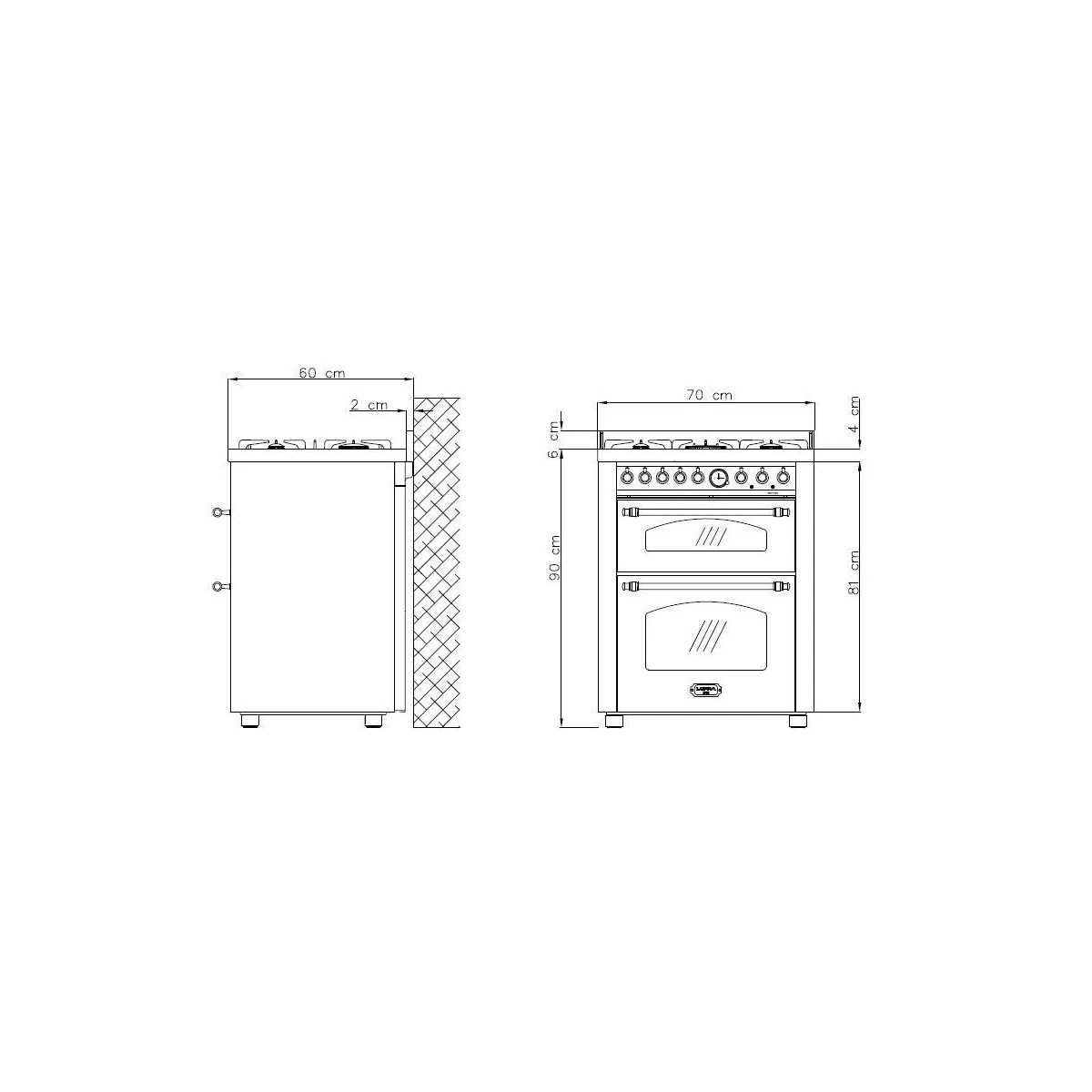 Lofra Komfyr - Dolce Vita 70 cm (2 ovner) (Rustfri/Messing) Gass