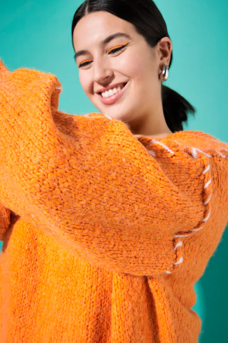 Strickkleid, oversized, Schmucknähte, orange