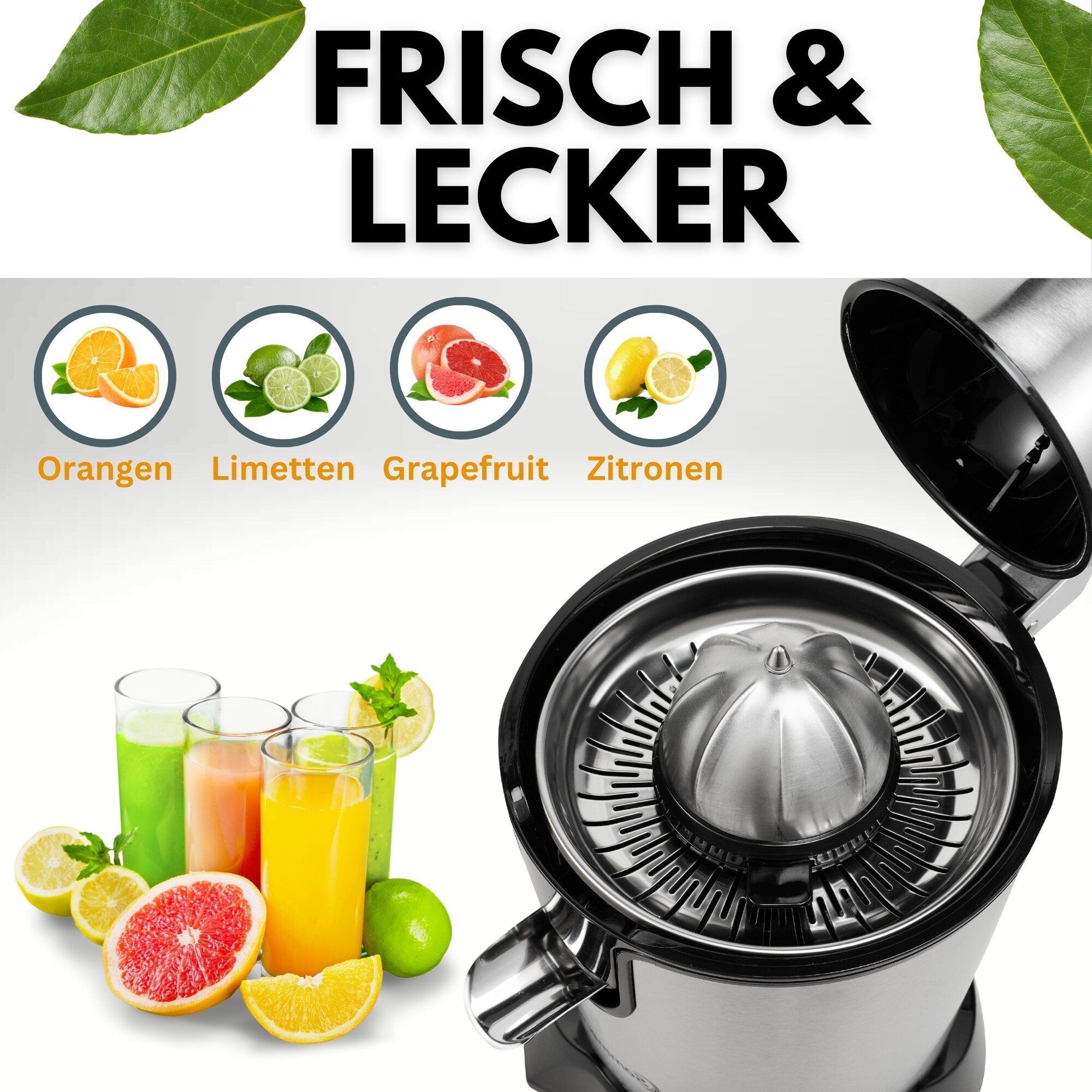 Sommertal Zitruspresse CP850 elektrische Saftpresse inkl. 2 Presskegel, manuelle Handpresse, Orangenpresse Zitronenpresse aus Edelstahl, Juicer Entsafter mit starkem 850W Motor