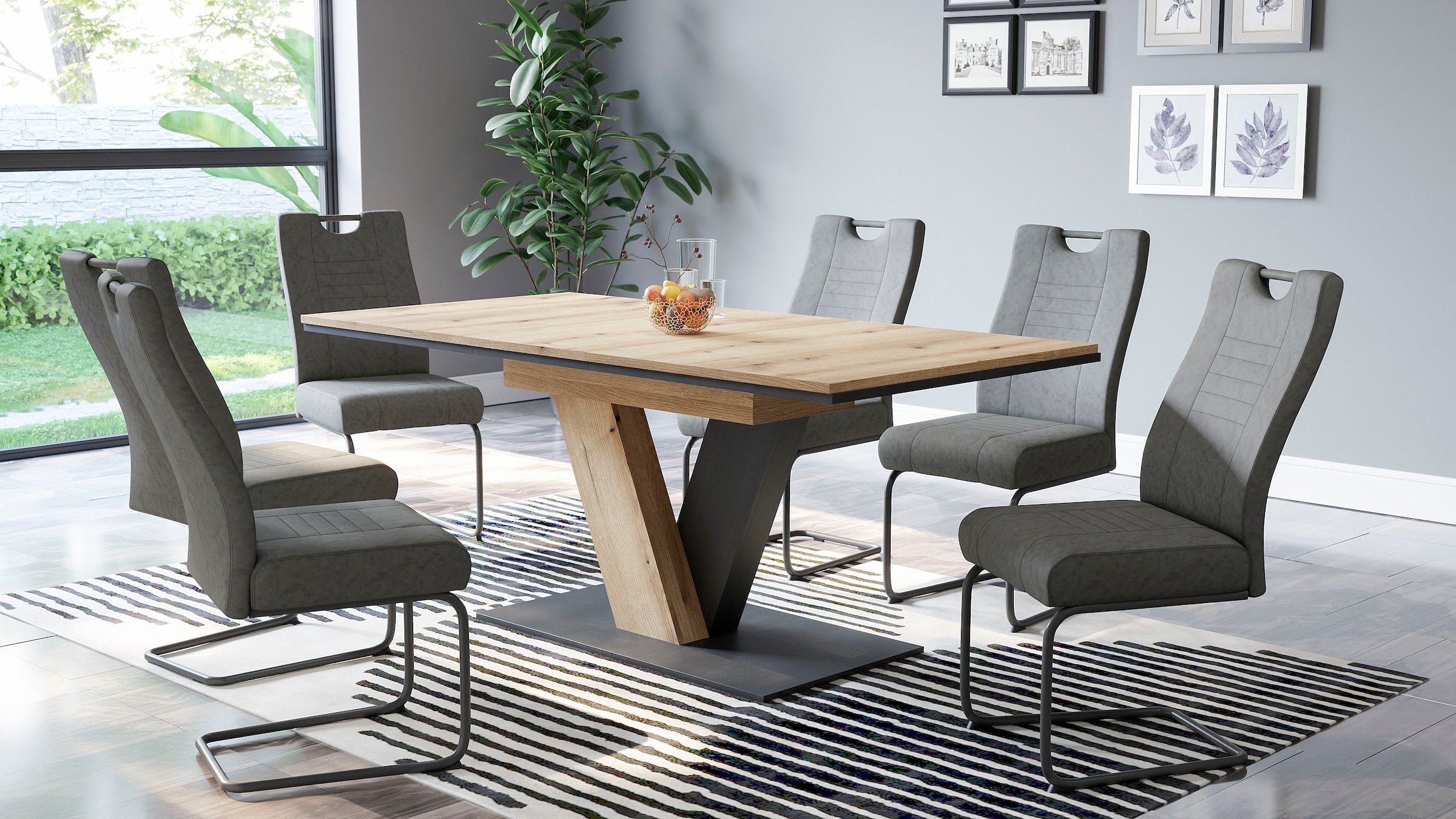 HELA Essgruppe »WESER« 7 Stk. tlg. Säulentisch 140-180x90 cm, Stuhl mit Federkorb, 140 kg belastbar