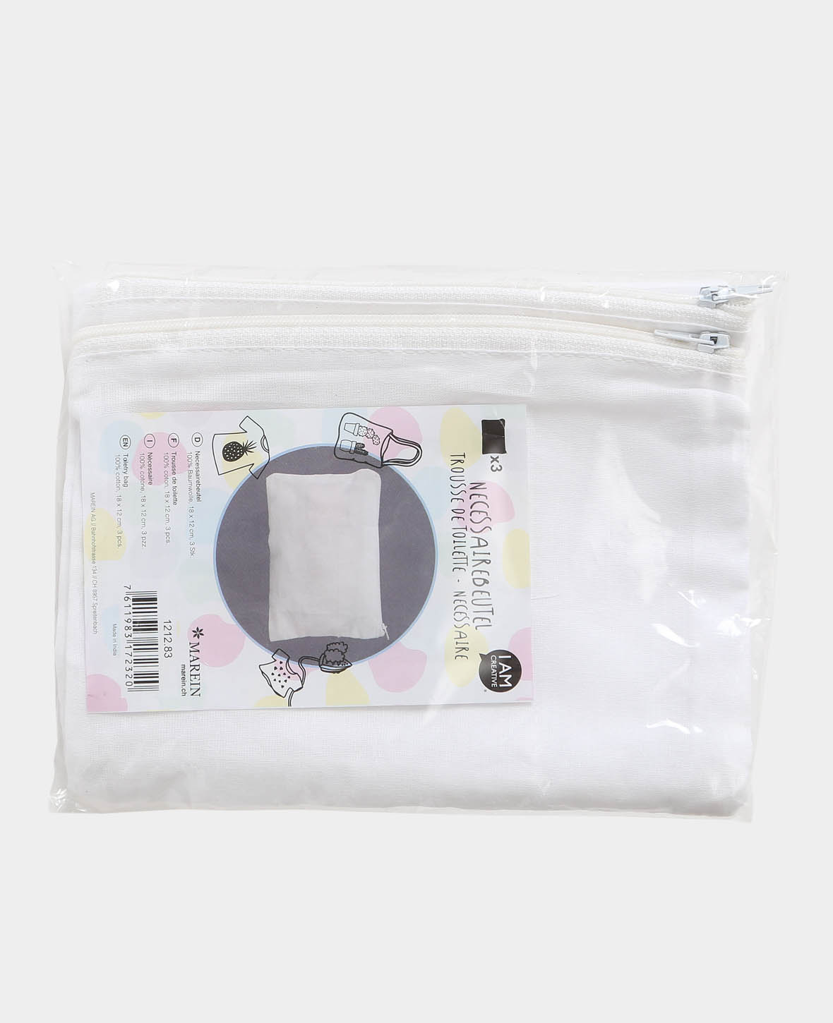(3er Set) 18x12cm Kosmetik Baumwolle DIY Necessairebeutel - Weiss