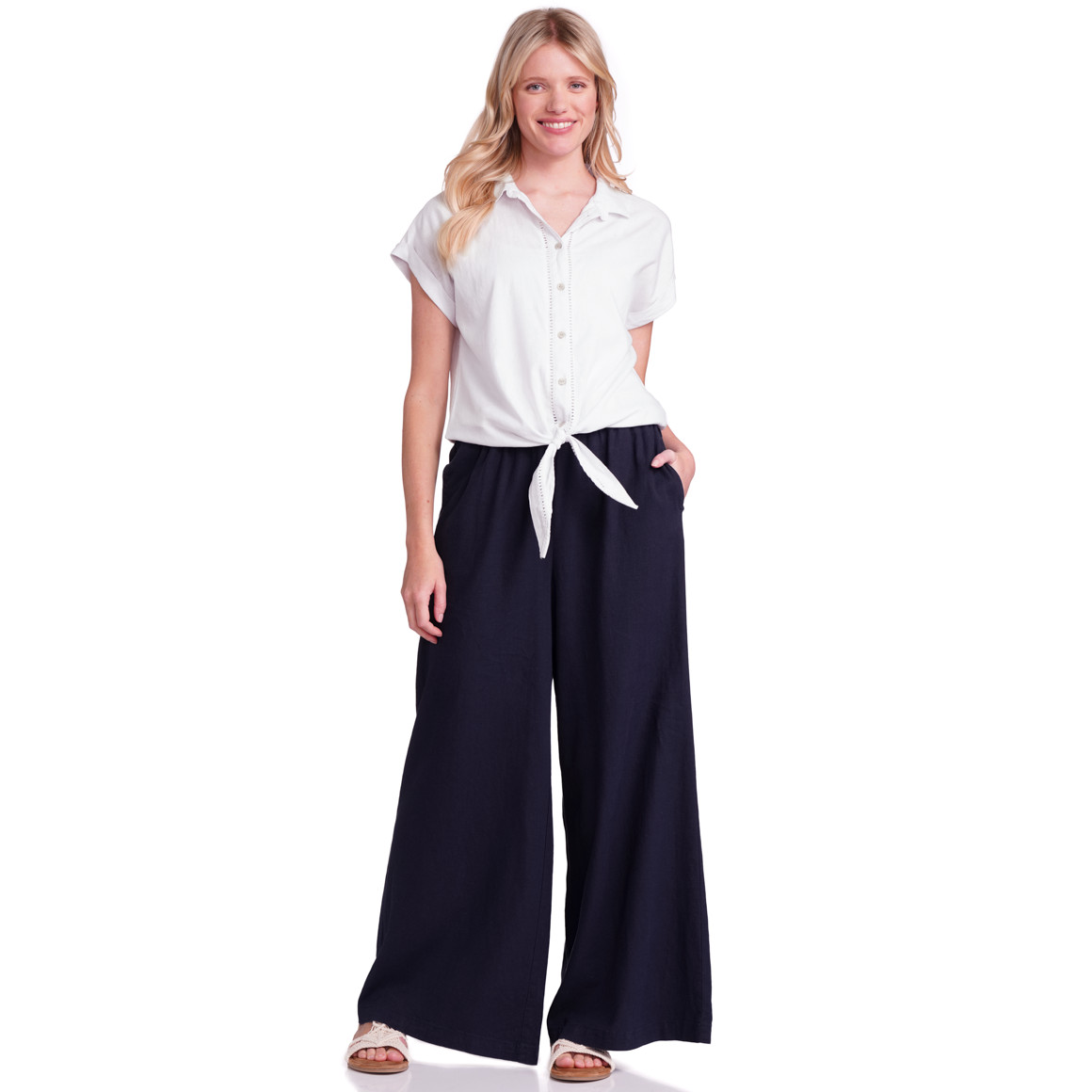 Gina Benotti Damen Leinen-Bluse mit Knotendetail weiss