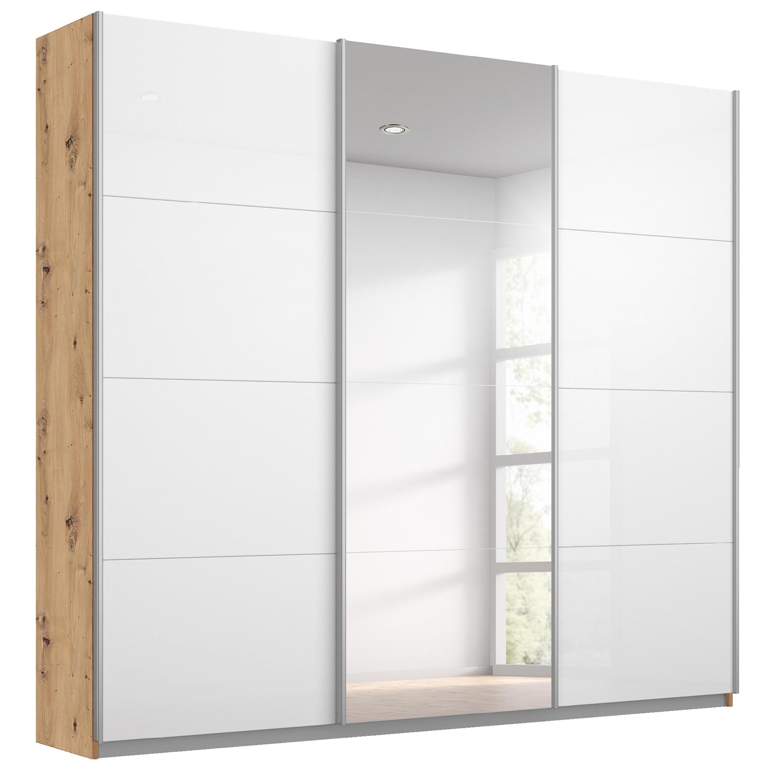 Schwebetürenschrank - weiß Hochglanz - Eiche Artisan - mit Spiegel - 203x210 cm