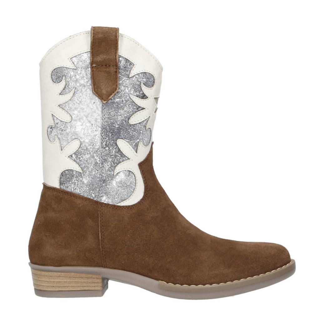Hip cowboylaarzen cognac/wit/zilver