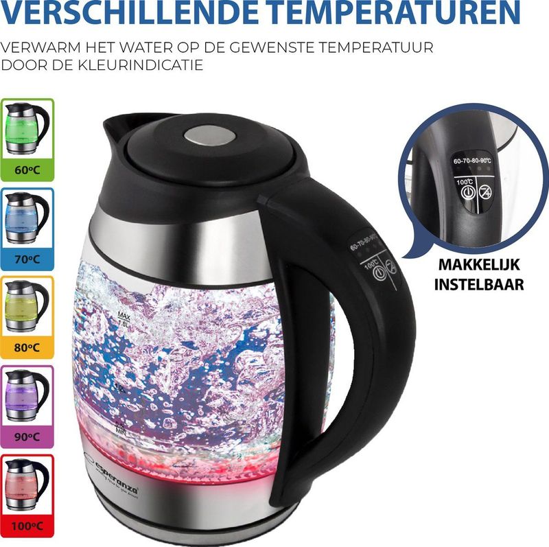 Esperanza EKK026 - Glazen Waterkoker - LED verlichting - 1,7 Liter - Instelbare Temperatuur