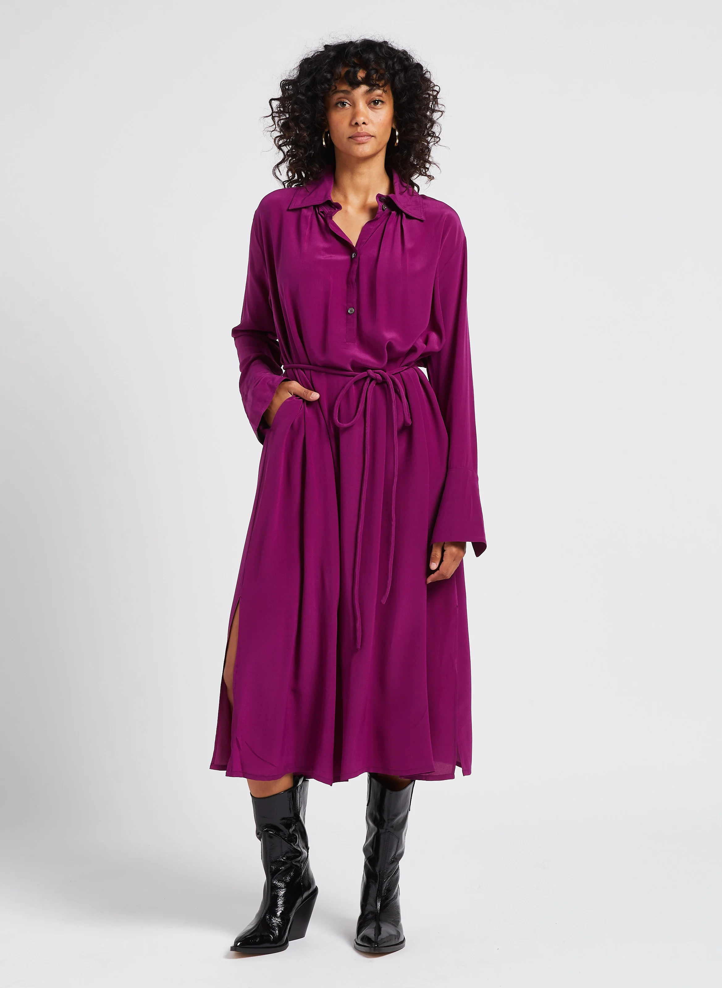 BYRDS - Robe longue col chemise en soie | Violet
