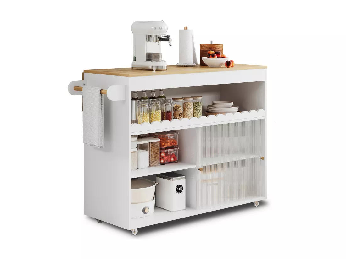 Ilot central de cuisine mobile avec 2 portes coulissantes - plateau extensible - 122x46/69x91 cm - Bois MDF - Blanc + naturel
