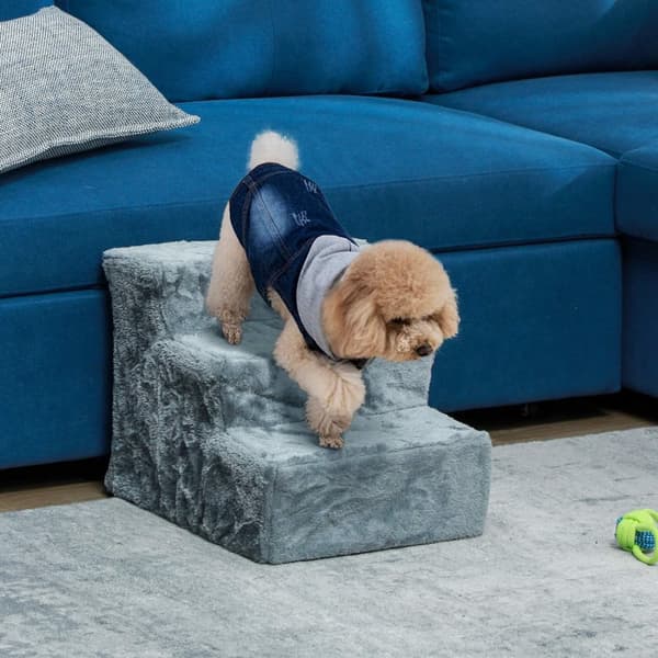 Hundetrapper 3-trinns 35 cm dyretrapper med plysj-utseende kattetrapper for sengesofa Katter opptil 5 kg lysegrå