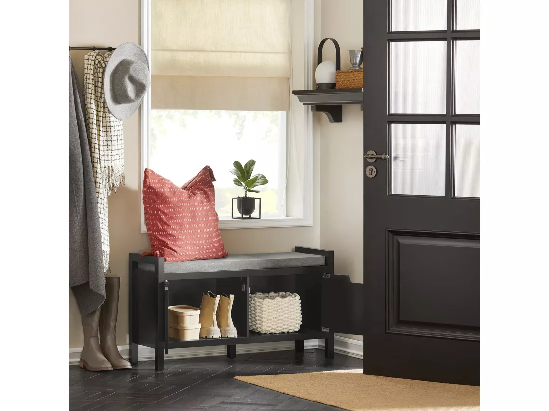 Banc De Rangement Meuble Bas Entrée Avec Coussin Rembourré Et 2 Portes, Fsr63-sch