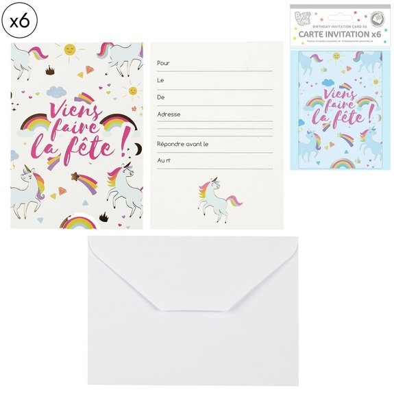 6 cartes d'invitation Licorne