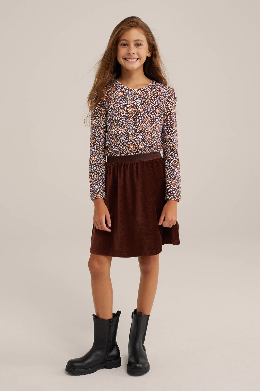 WE Fashion jurk met all over print bruin/multicolor