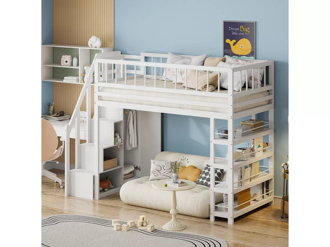 Lits superposés 90 x 200, conception de sécurité haute clôture avec armoire, étagères et rangements, lit en bois massif, blanc
