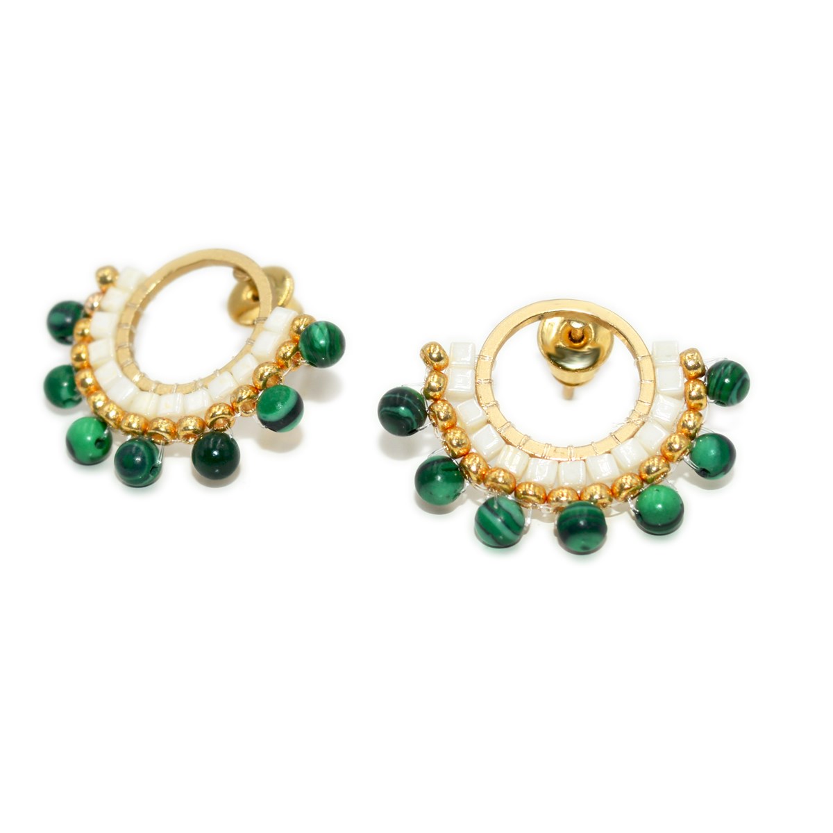 Boucles d'oreilles puces perles tisssées mains miyuki/Malachite-Doré à l'or fin