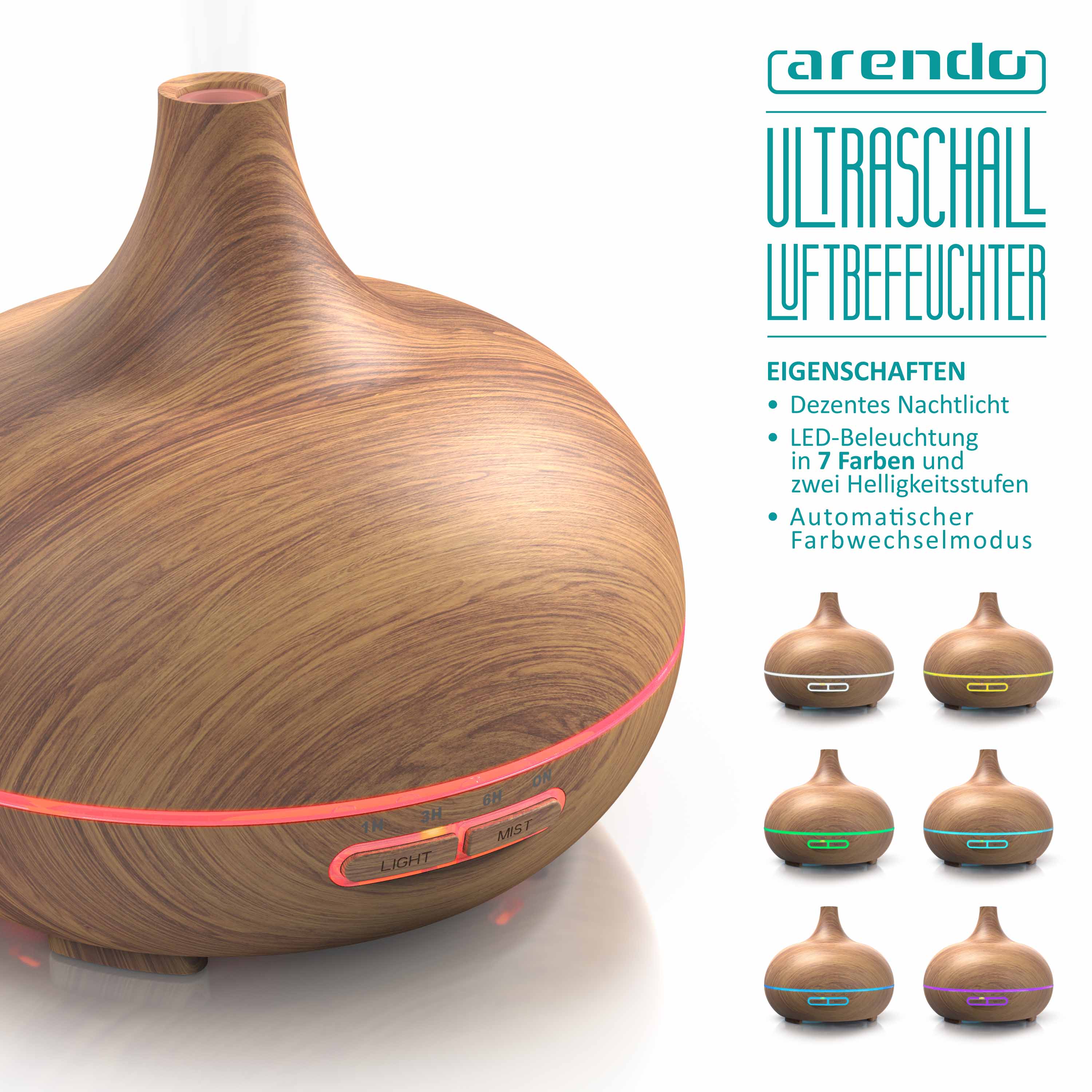 Arendo Aroma Diffuser, Luftbefeuchter, Vernebler in Holz Optik, Diffusor mit 7 Farben LED, Timer Funktion, 300ml, Hellbraun