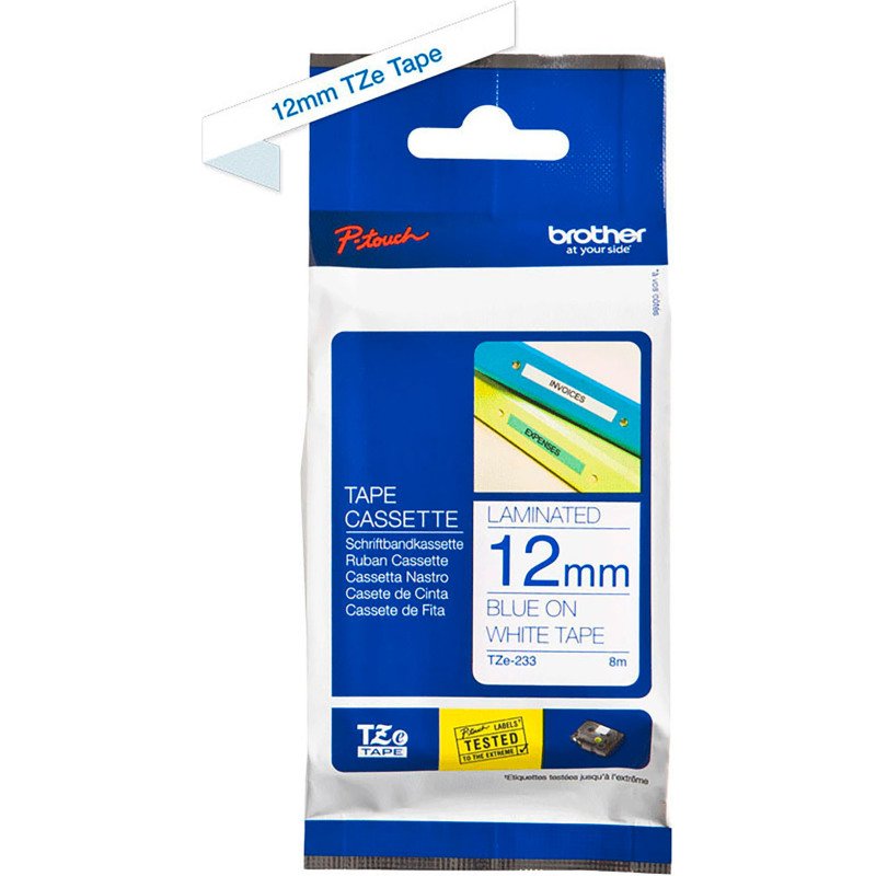 Ruban laminé Brother 12 mm TZE 233 blanc écriture bleue