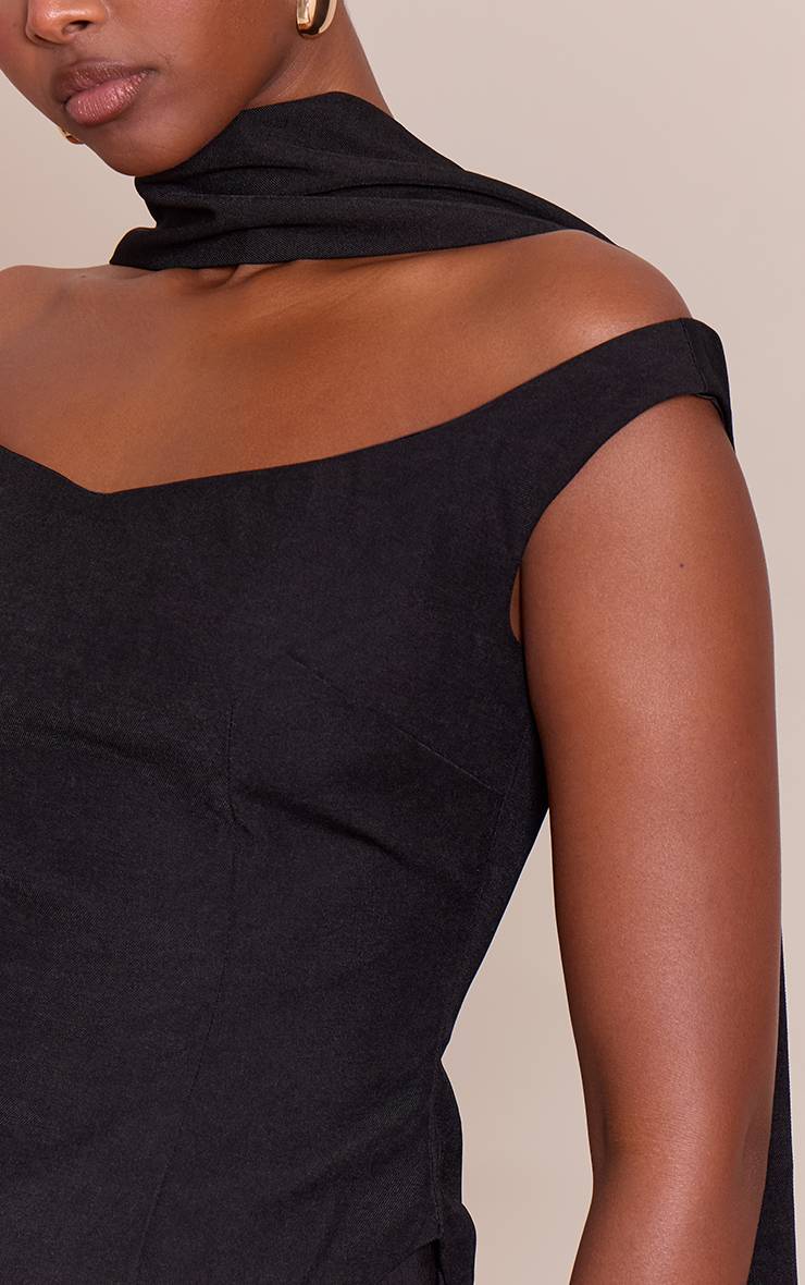 Noir Haut Tissé À Encolure Bardot Avec Foulard Et Ourlet Arrondi