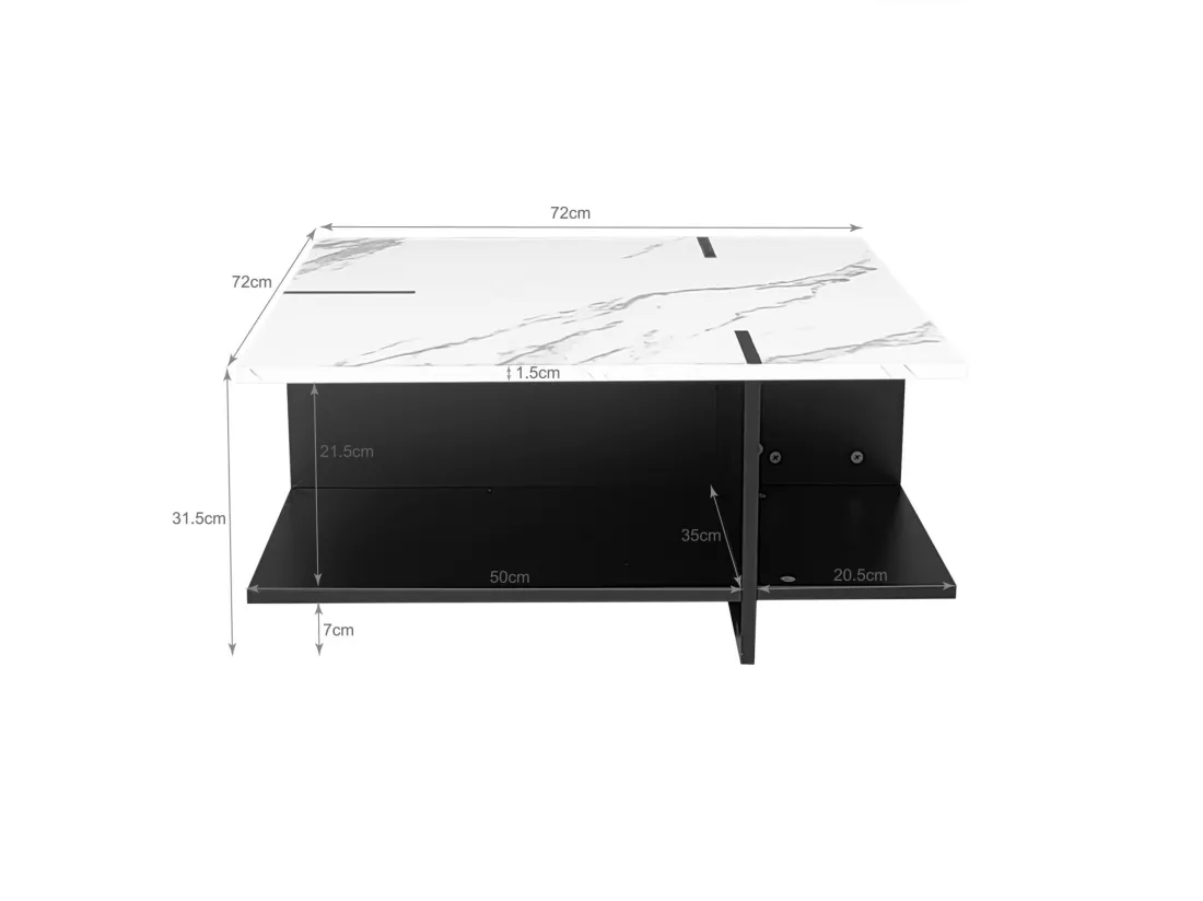 Table basse carrée, look en marbre en MDF, 72x72x31.5cm, Noir+Blanc