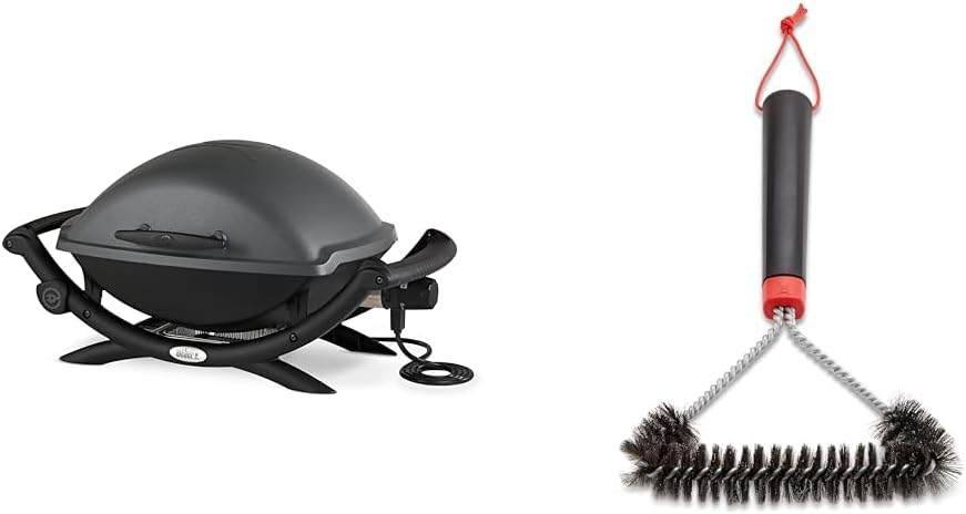 Weber Q2400 Barbecue électrique avec support + tablettes latérales, surface de cuisson 54 x 39 cm, grille en fonte émaillée (2 parties), couvercle et cuve en fonte d'aluminium - Gris foncé (55020053)