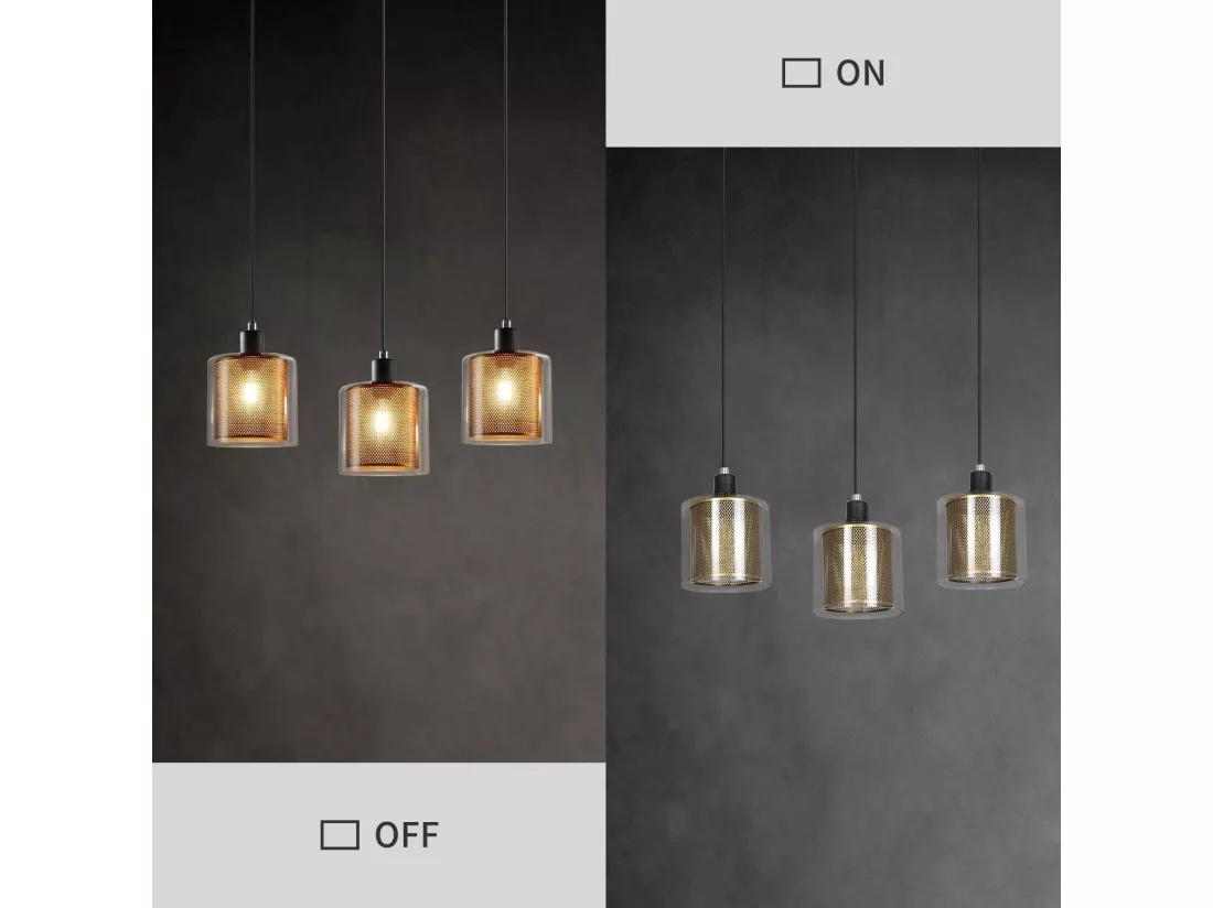 NETTLIFE Suspension métal noir doré E14 Diam.171,5 cm vintage industrielle verre 3 lampes pour salon, bureau, salle à manger