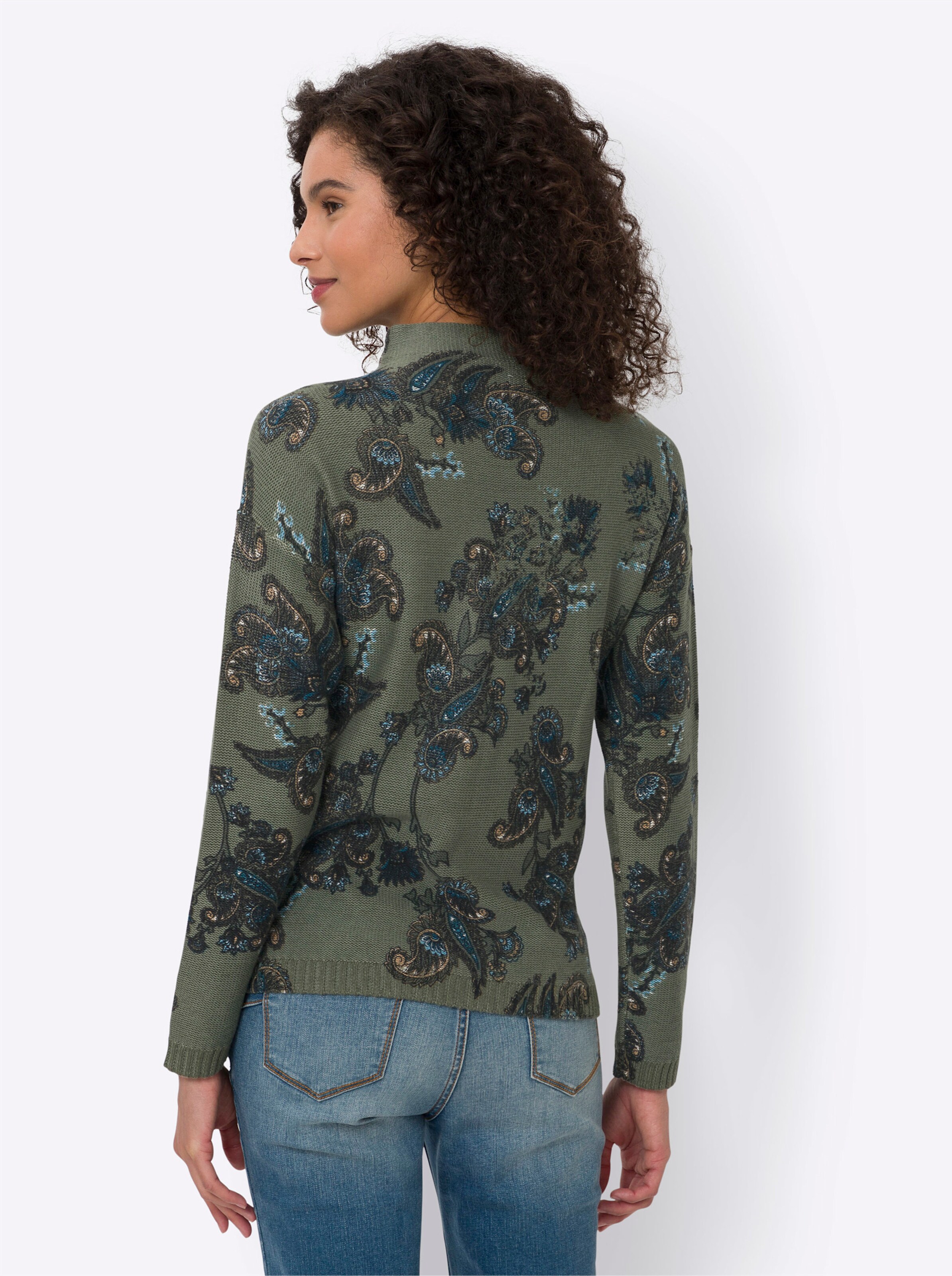 heine Pullover in khaki-aqua-bedruckt
