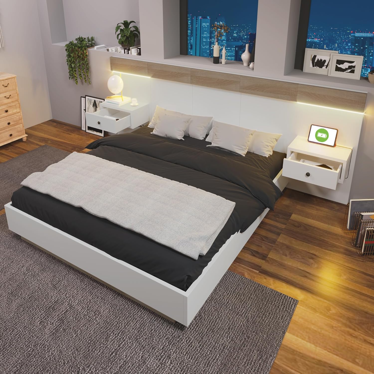 Doppelbett 180x200 cm, integriertes Kopfteil mit 2 LED Nachtkommoden und USB Ladefunktion, Holzbett Bettanlage mit Lattenrost, Funktionsbetten Rückenlehne Bettgestell, Ohne Matratze, Weiß+Eiche SF6772142