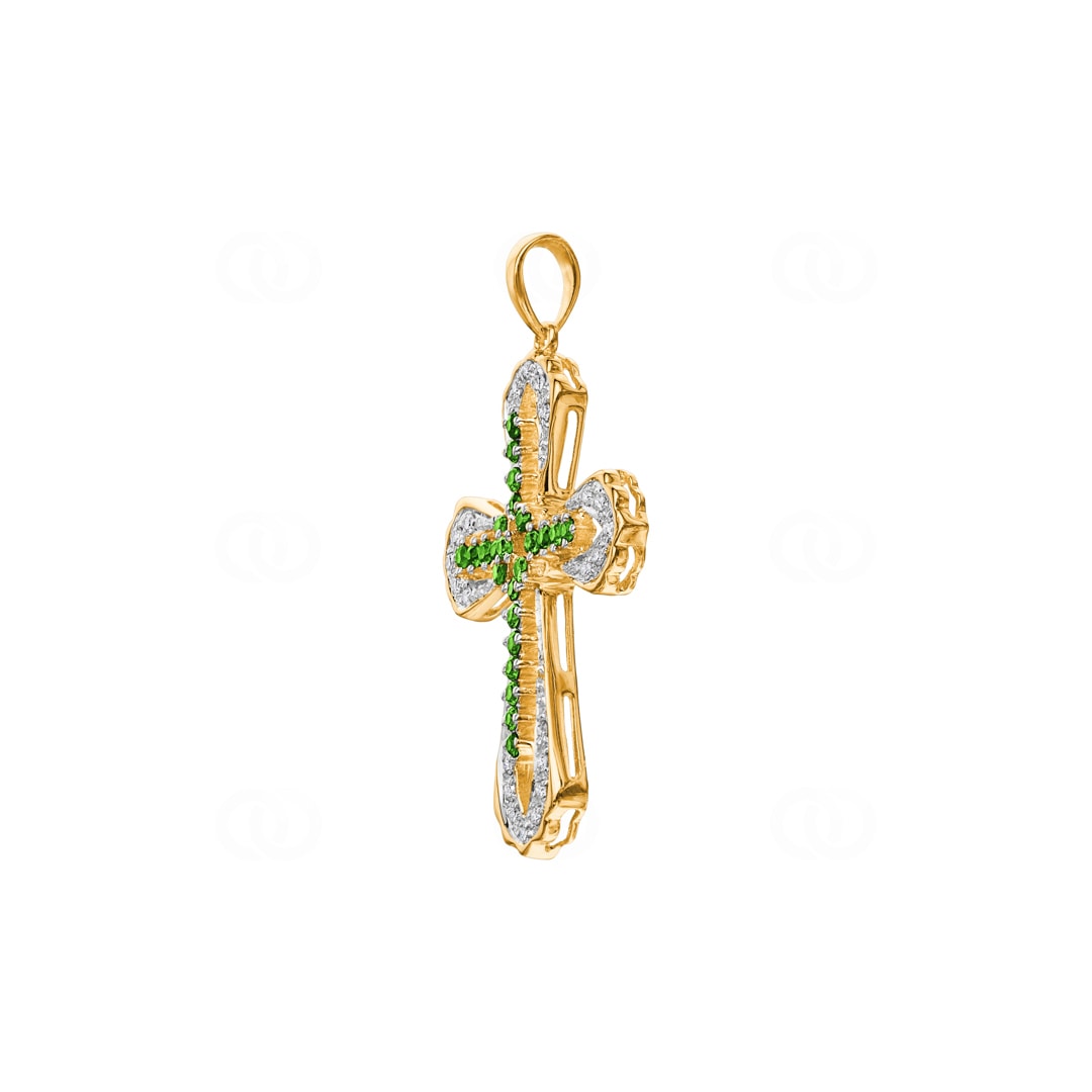 Kreuzanhänger 750/18 K Gelbgold mit grünen Granaten & Diamanten 0.15 ct H/si