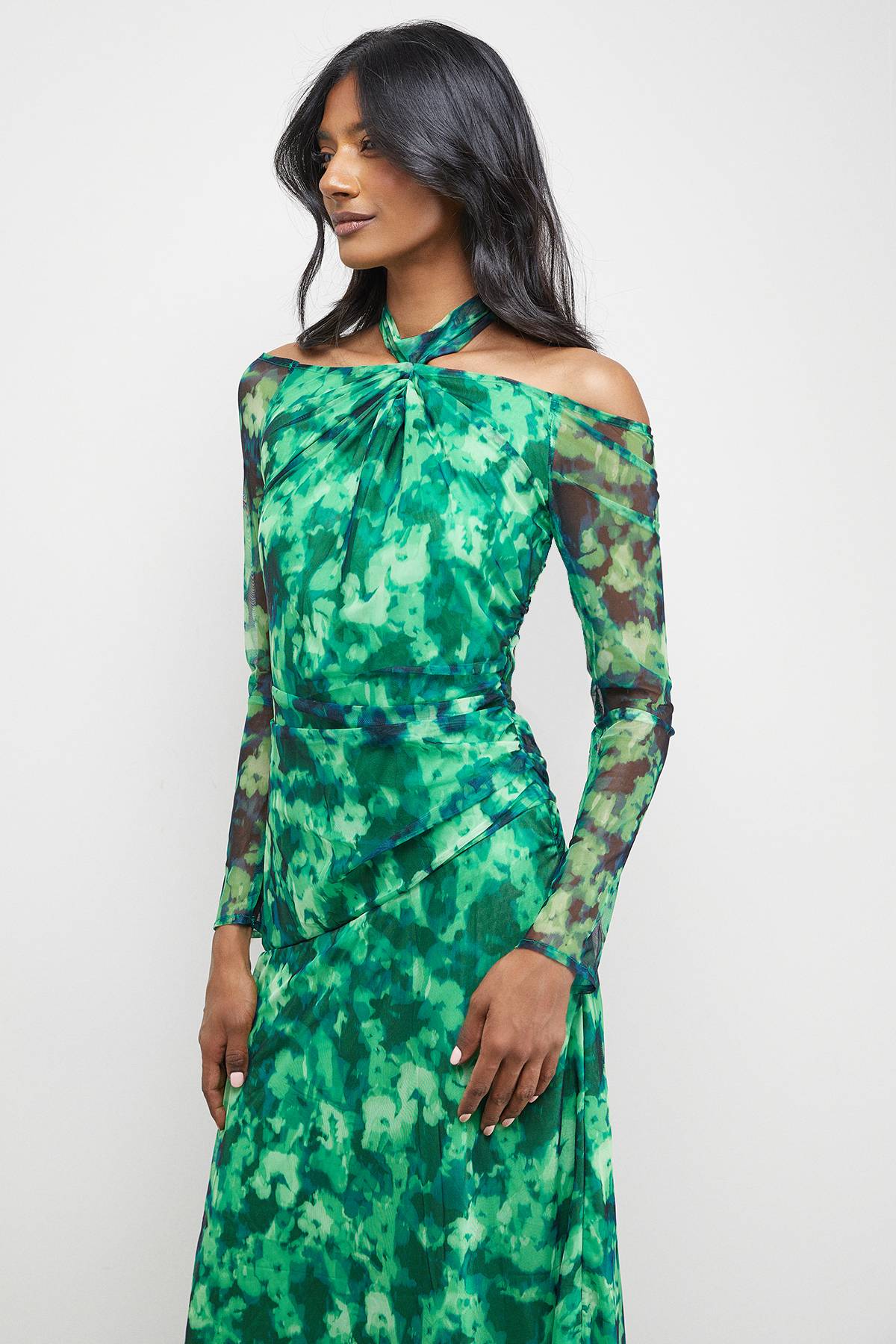 Warehouse Robe Midi en Maille Imprimée à Détail Torsadé
