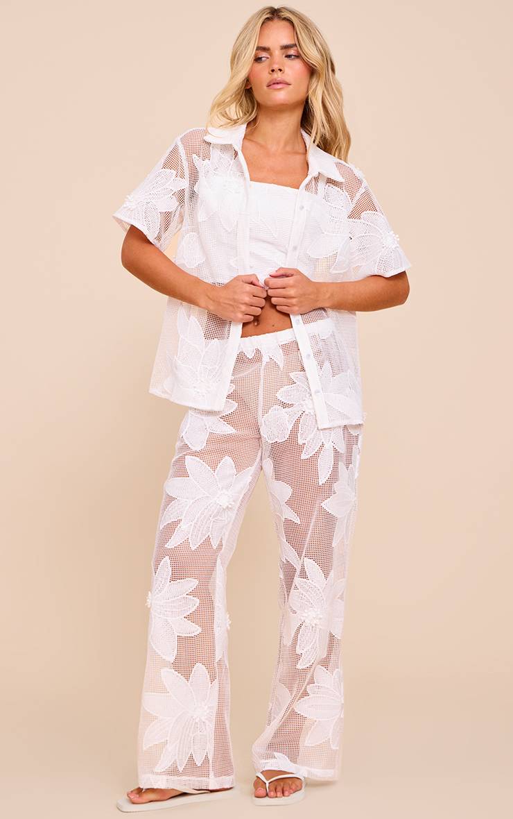 Blanc Ensemble Chemise À Fleurs Appliquées Petite