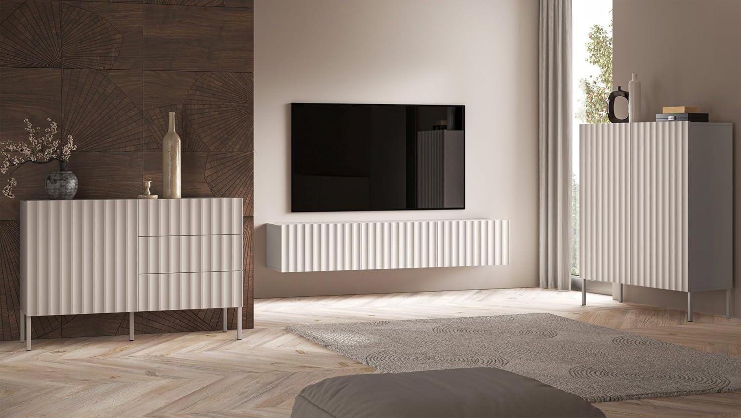 Selsey TV Schrank Lowboard Board Sideboard Fernsehtisch Fernsehschrank 170 cm Mit Gerillten Fronten Soft Close Hängend Hellbeige Derriva