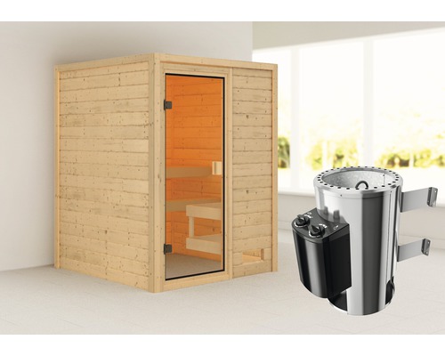 Karibu Sandra plug & play sauna inclusief 3,6 kW kachel en geïntegreerde bedieningseenheid, zonder dakrand, met bronzen volledig glazen deur.