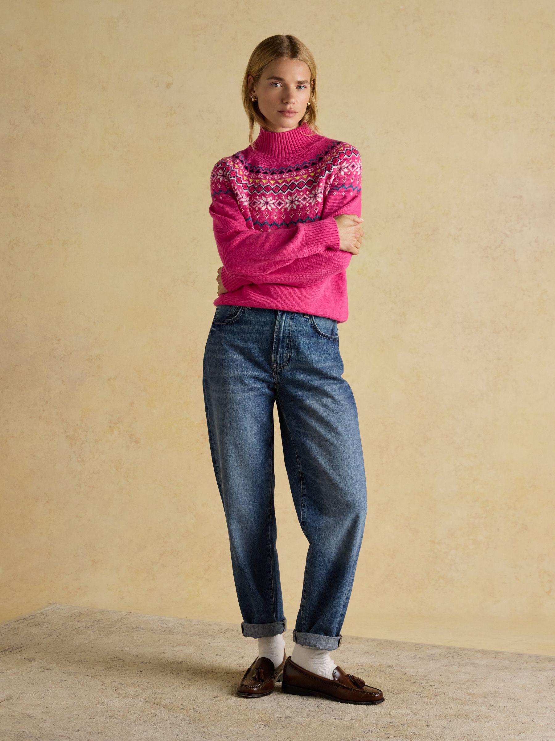 Roze - Joules Alba Fair Isle High Neck Cotton-Blend Jumper