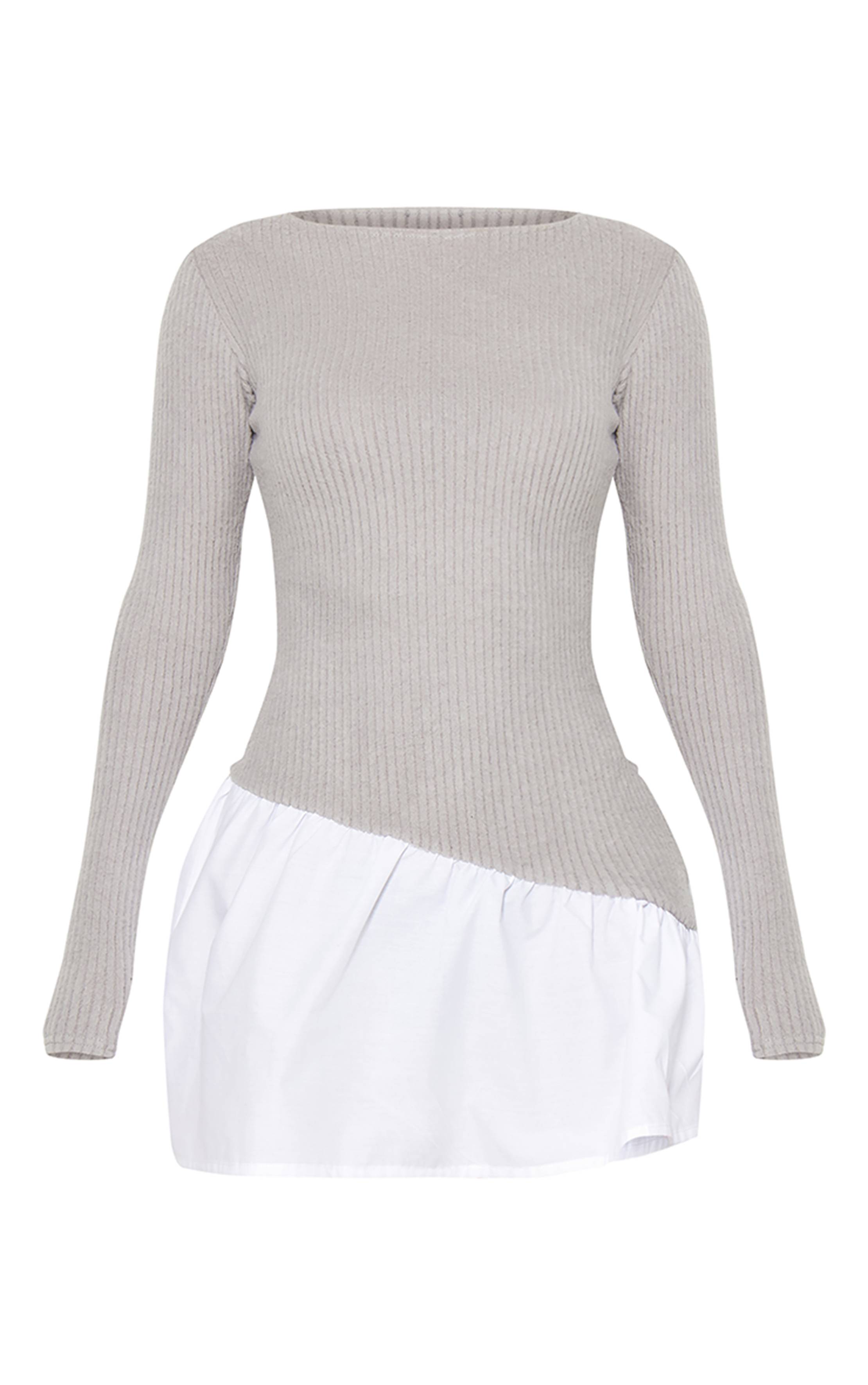 Gris Cendré Robe Droite En Maille Côtelée Brossée À Ourlet Asymétrique