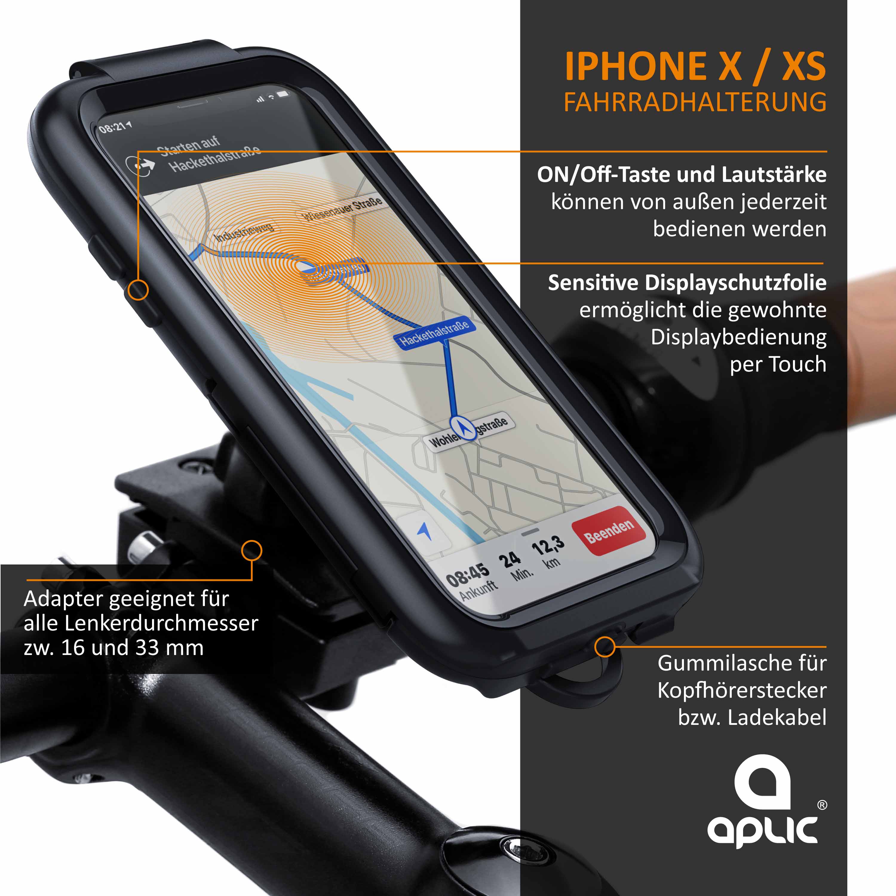 Aplic Fahrradhalterung mit Schutzhülle für Iphone X und XS Spritzwasserschutz / Quick Lock
