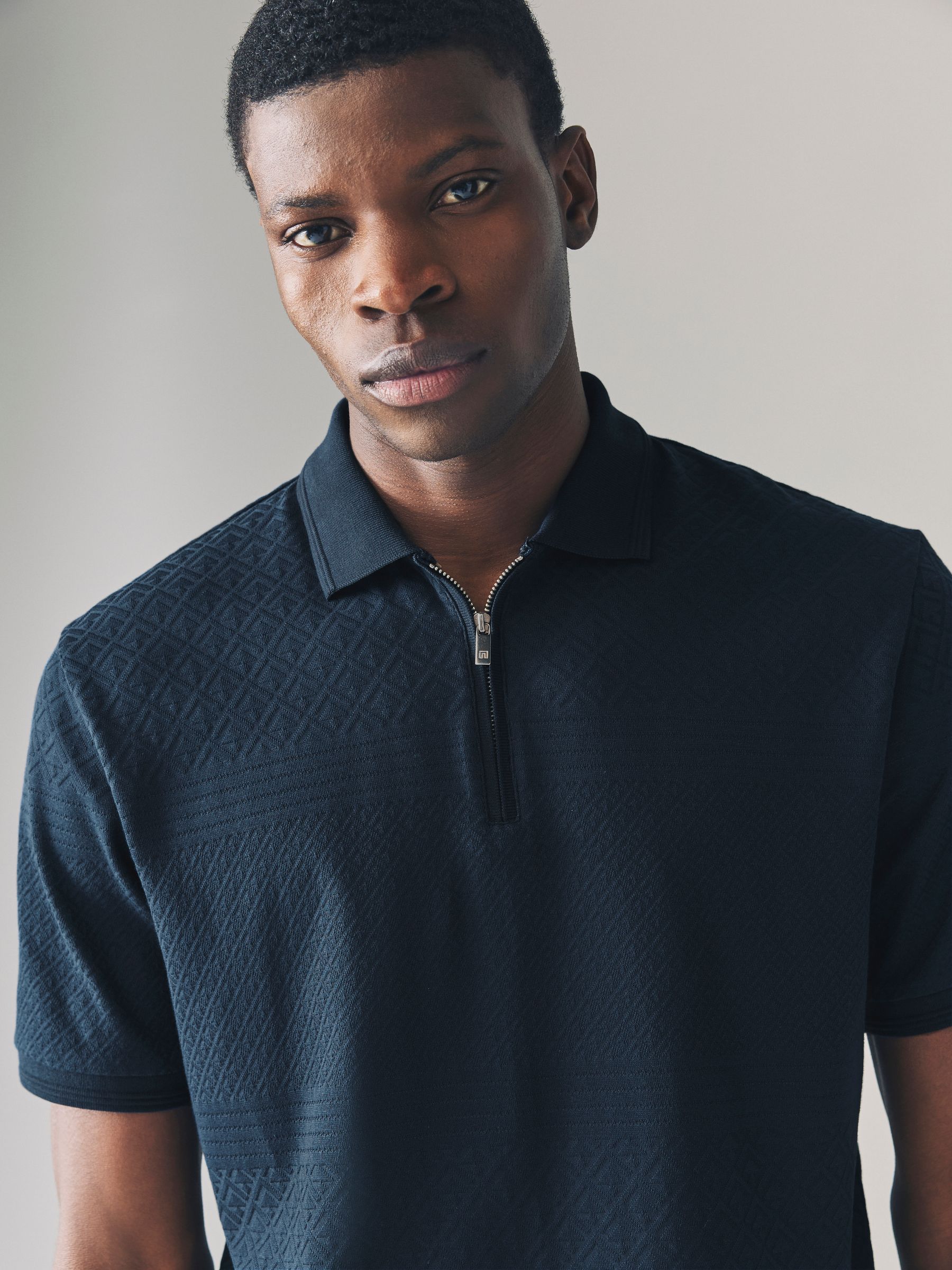 Marineblauw - Normale Pasvorm - Net jacquard poloshirt