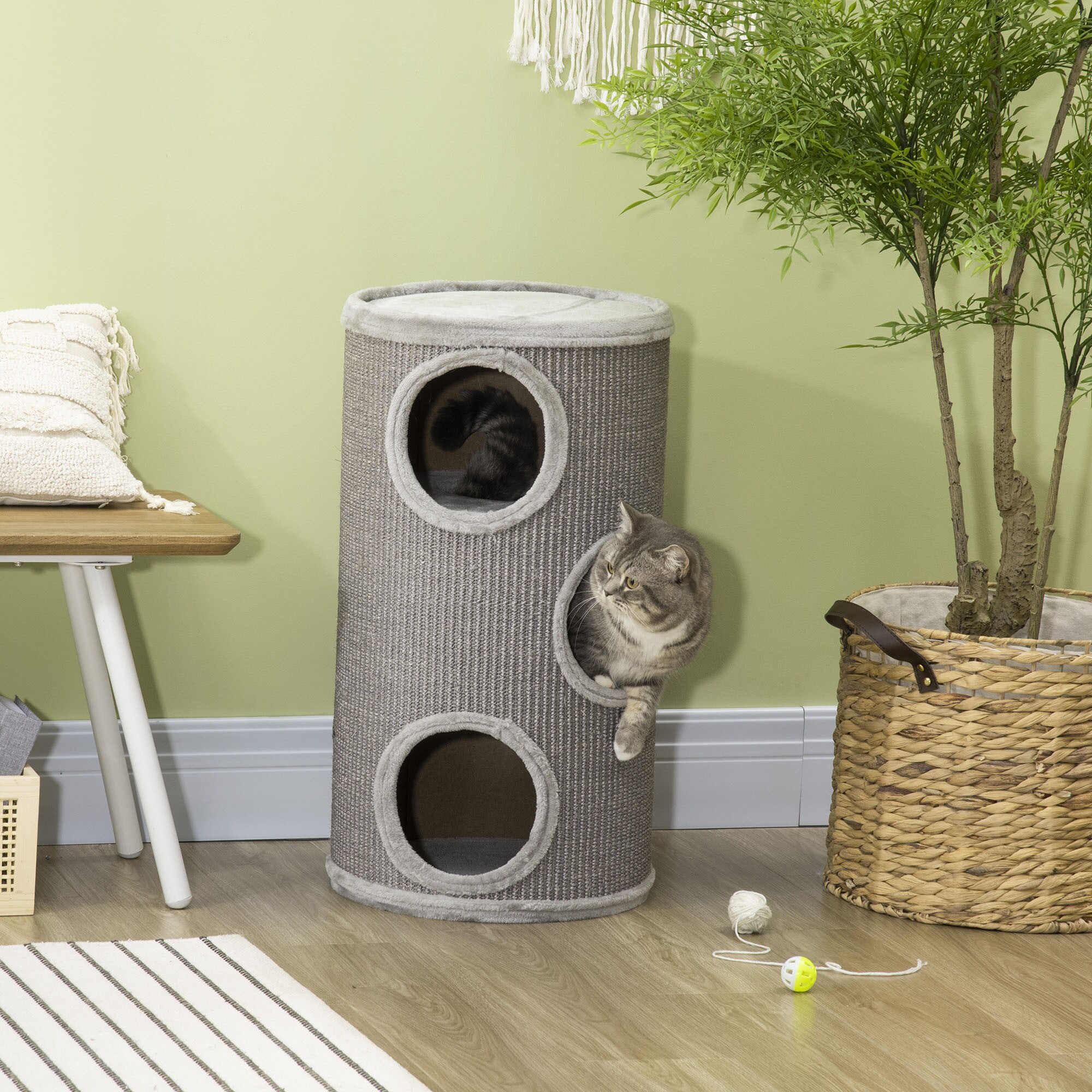 PawHut Kratztonne mit 3 Höhlen grau 38L x 38B x 70H cm
