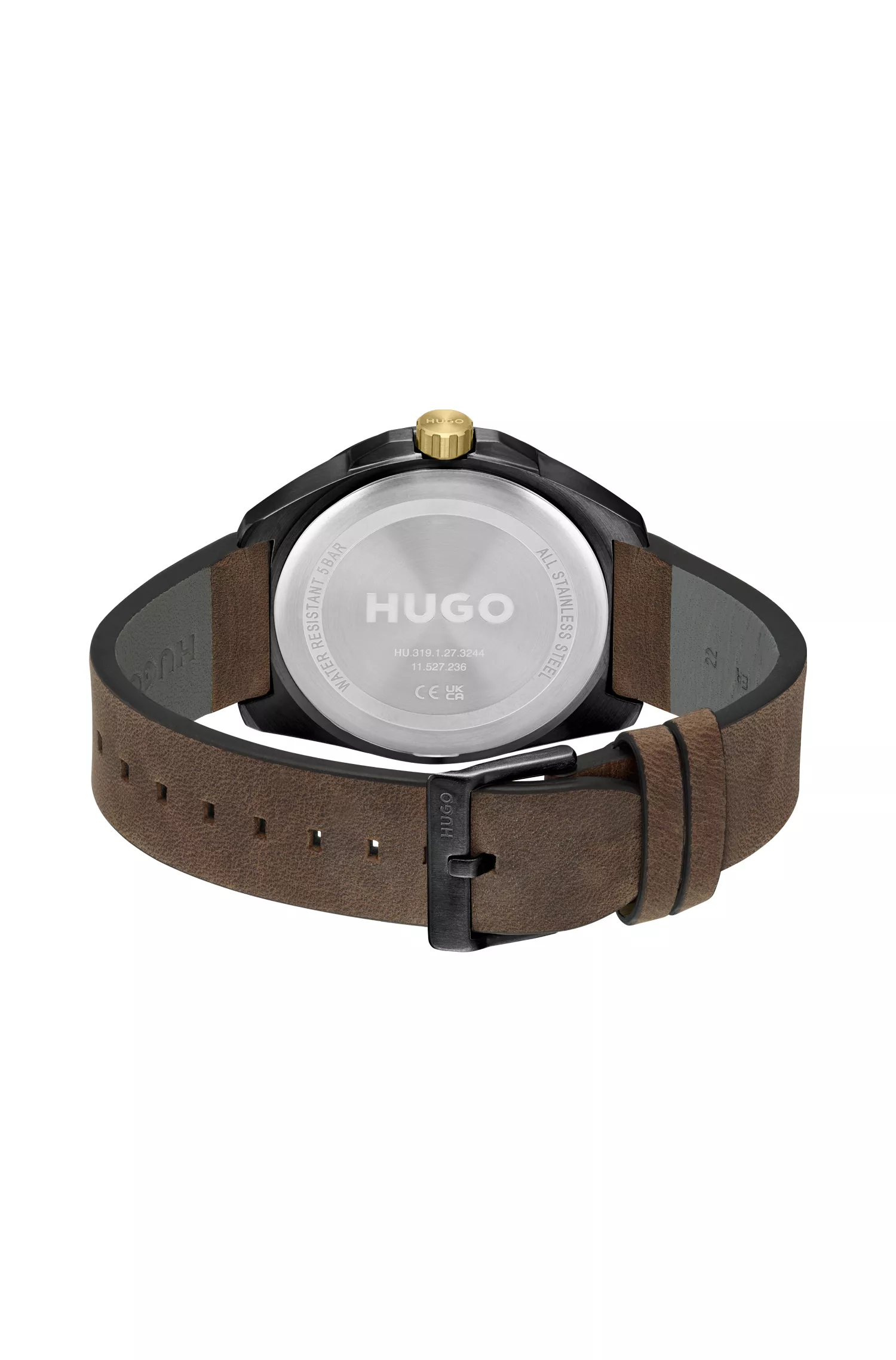 Relógio HUGO com revestimento em vermelho e preto e pulseira de couro marrom.