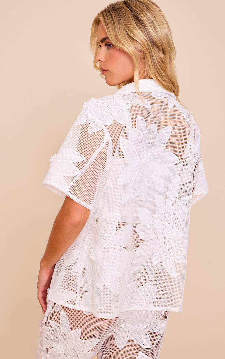 Blanc Ensemble Chemise À Fleurs Appliquées Petite