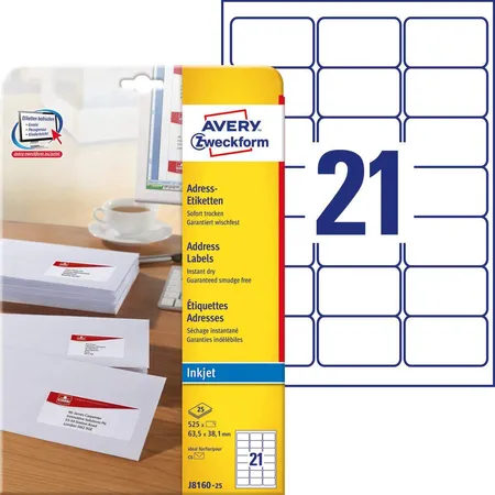 Avery Zweckform J8160-25 Adress-Etiketten,A4 63,5 x 38,1 mm, 25 Bogen/525 Etiketten, weiß