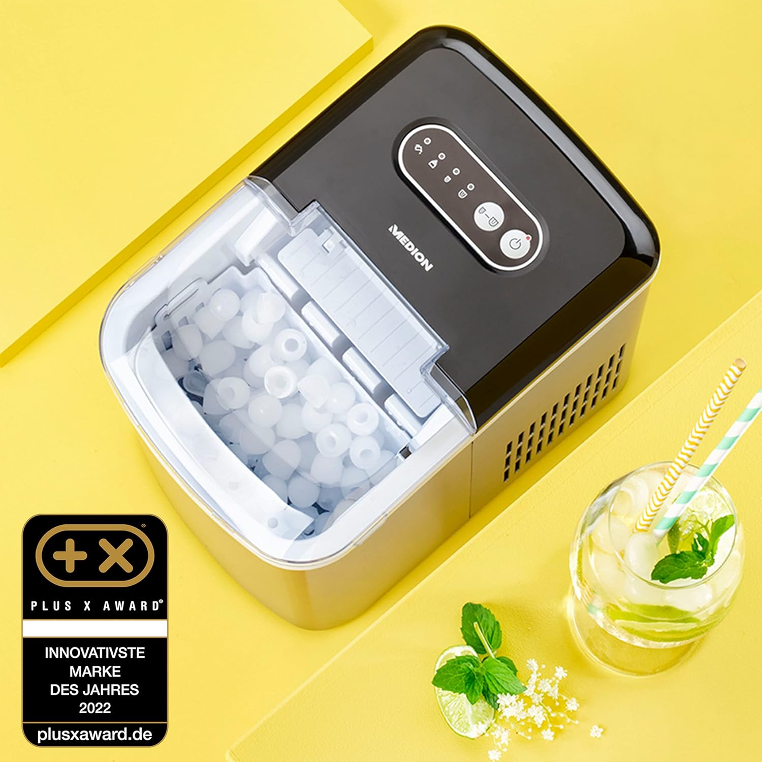 MEDION Eiswürfelmaschine (Eiswürfelbereiter, 2,2 Liter Wassertank, kurze Produktionsdauer 6-12 Minuten, 2 wählbare Eiswürfelgrößen, selbstreinigend, Edelstahl, MD17739)
