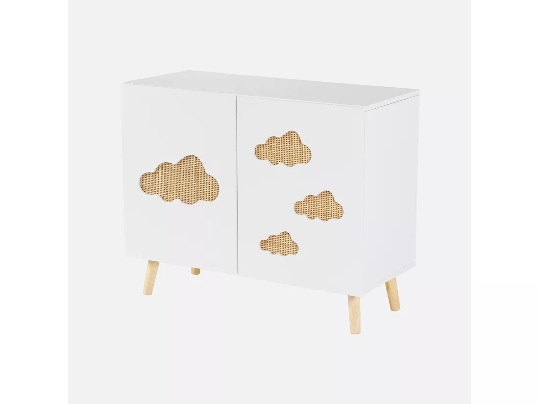 Commode enfant. blanc. 2 portes avec nuages en cannage. 2 étagères