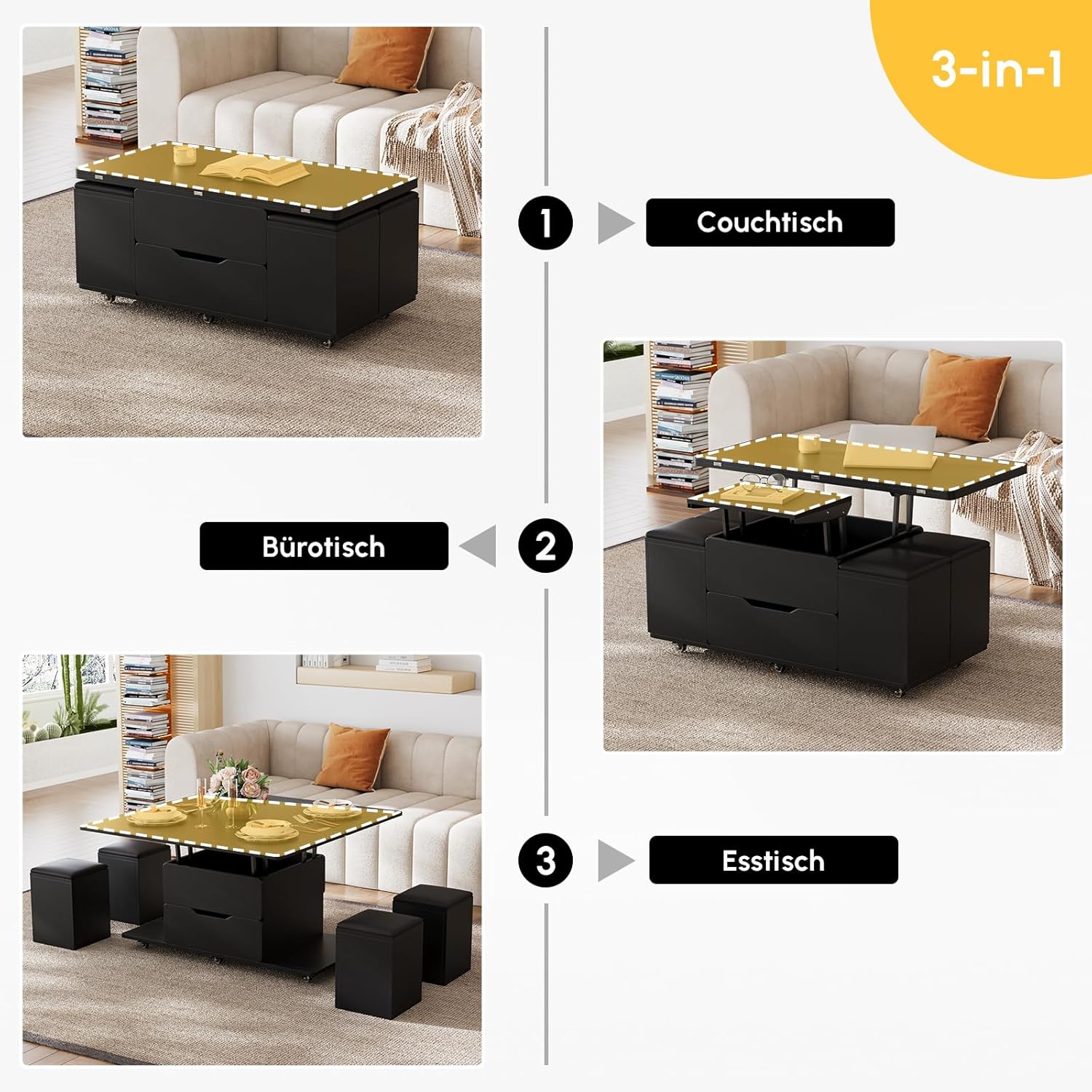 Homary Couchtisch Höhenverstellbar, Wohnzimmertisch mit Schublade, 3-in-1-Multifunktions-Couchtisch Umwandelbar in Wohnzimmer-Esstisch Arbeitstisch mit 4 Hockern und Feststellbaren Rollen (Schwarz)